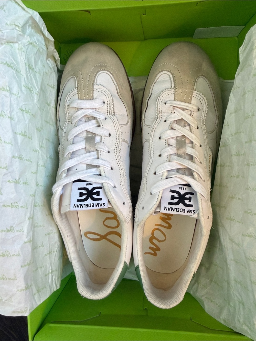 Sam Edelman White & Green Kallen Skater Sneaker Like New in Box! 9.5M Round Toe - Picture 14 of 16